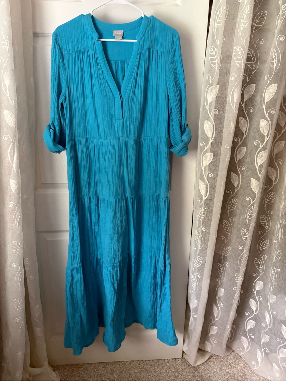 Chico's cotton gauze Tiered Maxi Dress roll tab sleeves women size M
